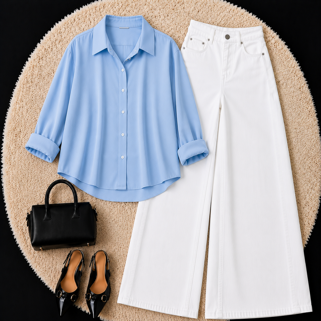 Sky Blue Button down shirt with White Jeans