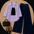 Lilac Button Down Shirt With Black Inner & Dark Blue Wide Leg Jeans