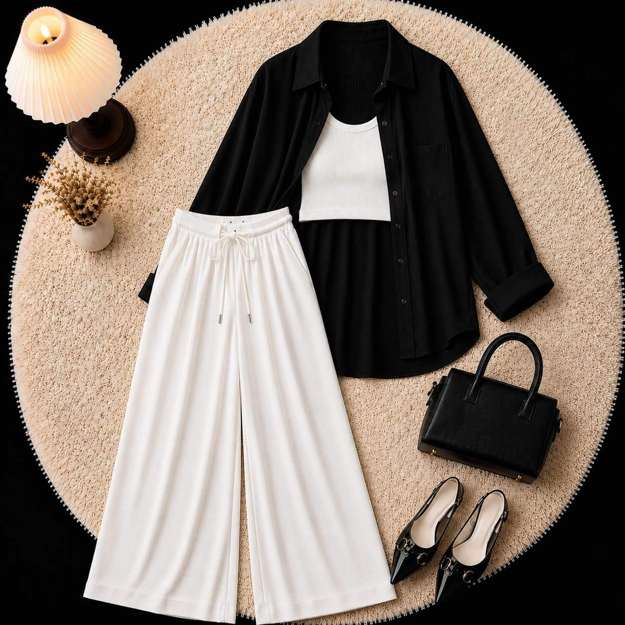 Black Button Down Shirt With Inner & White Flapper Trouser