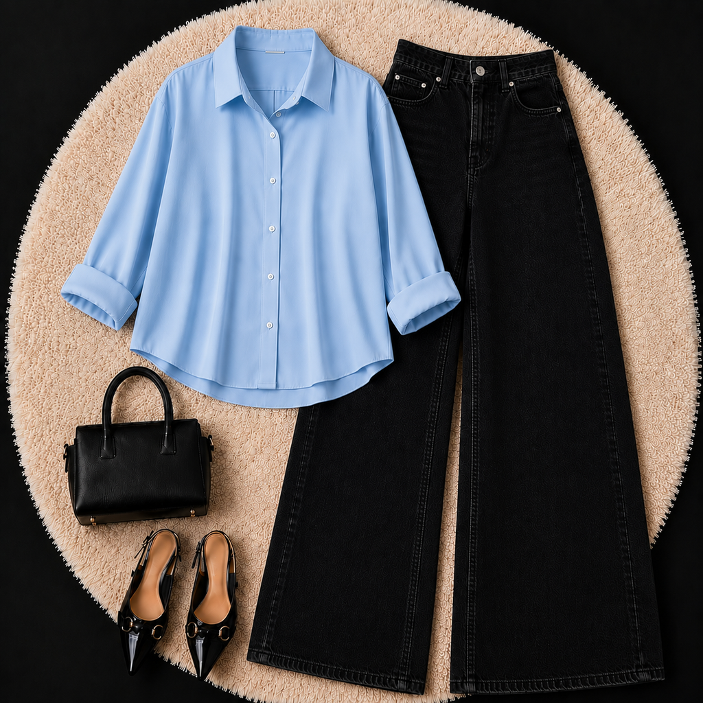Baby Blue Button down shirt with Black Jeans