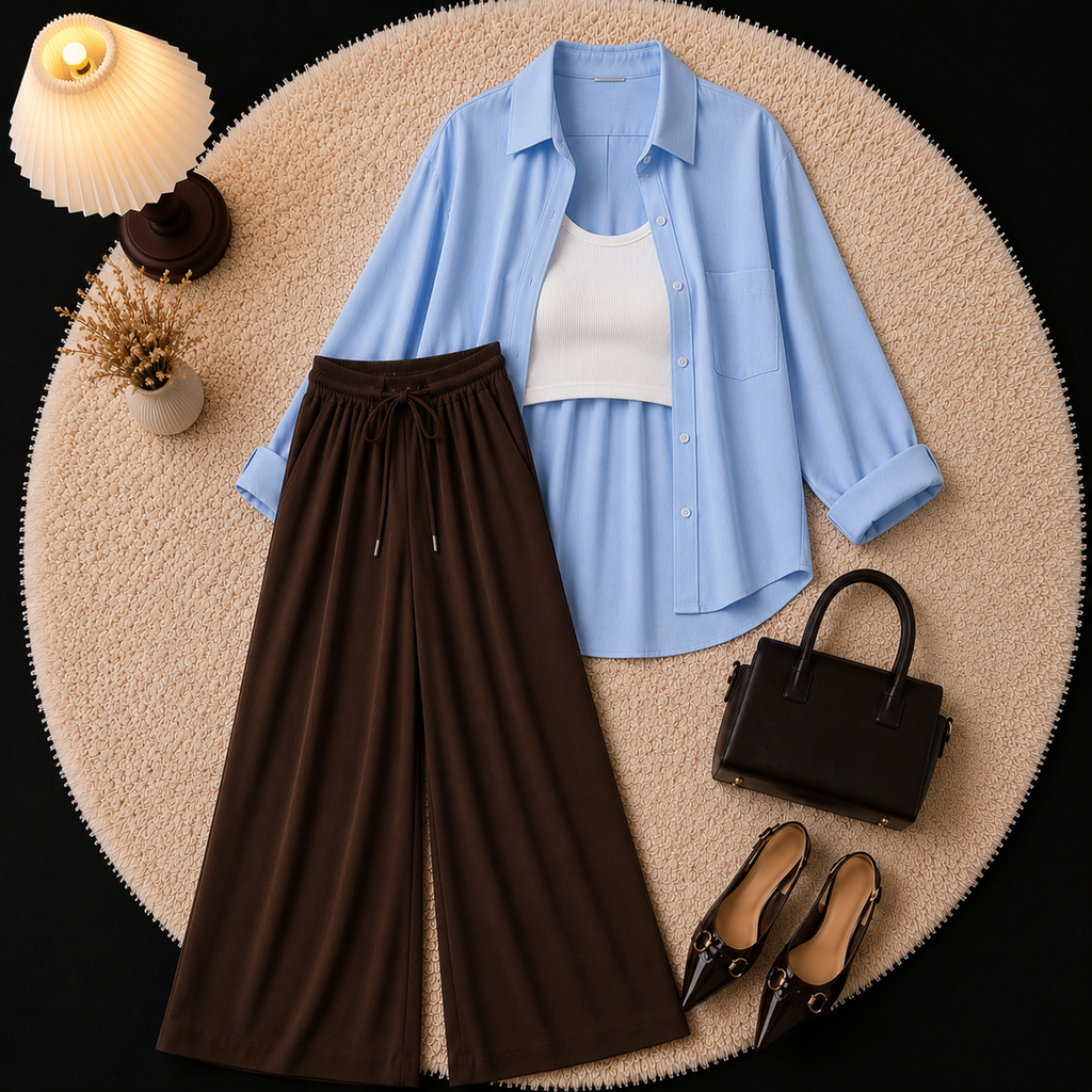 Sky Blue Button Down Shirt With Inner & Brown Flapper Trouser
