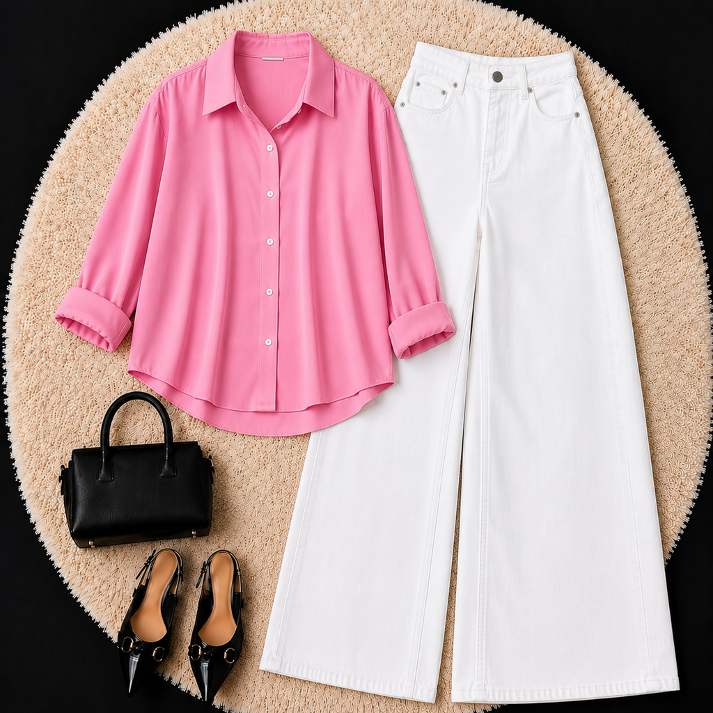 Pink Button down shirt with White Jeans