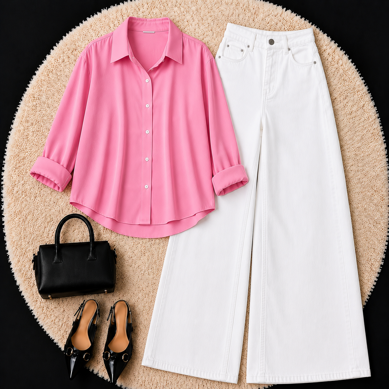 Pink Button down shirt with White Jeans