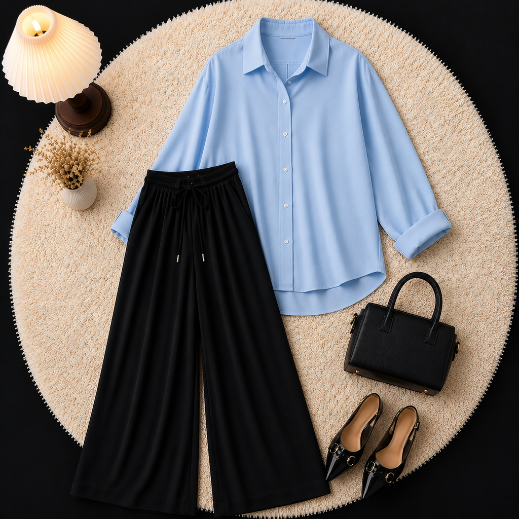 Sky Blue Button Down Shirt With Black Flapper Trouser