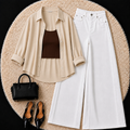 Beige Button Down Shirt With Brown Inner & White Wide Leg Jeans