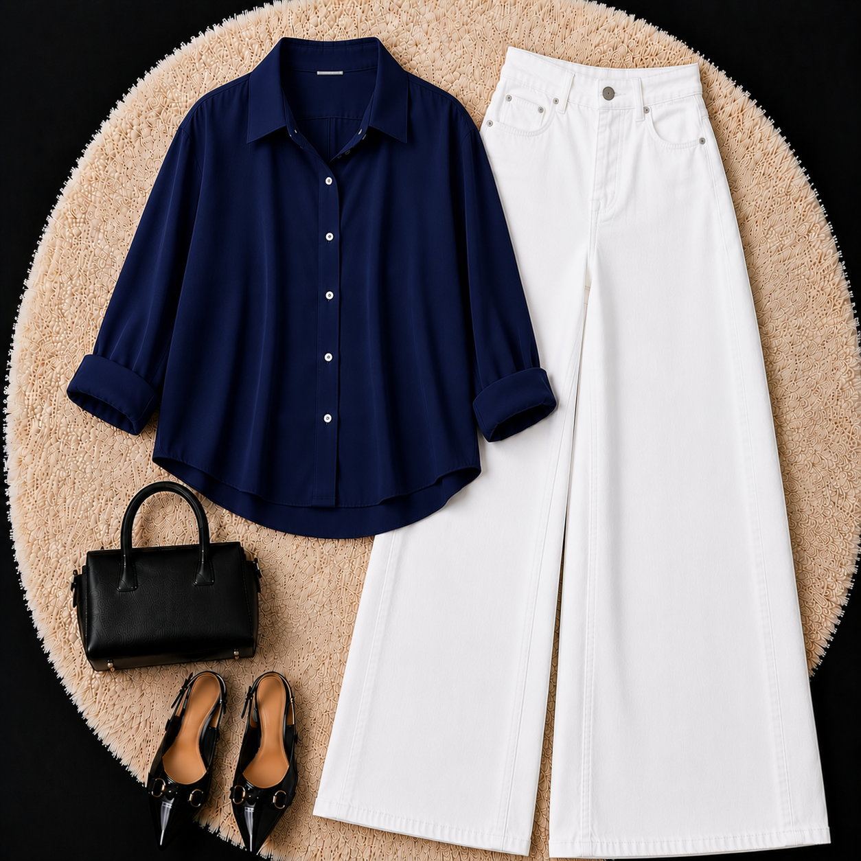 Navy Blue Button down shirt with White Jeans