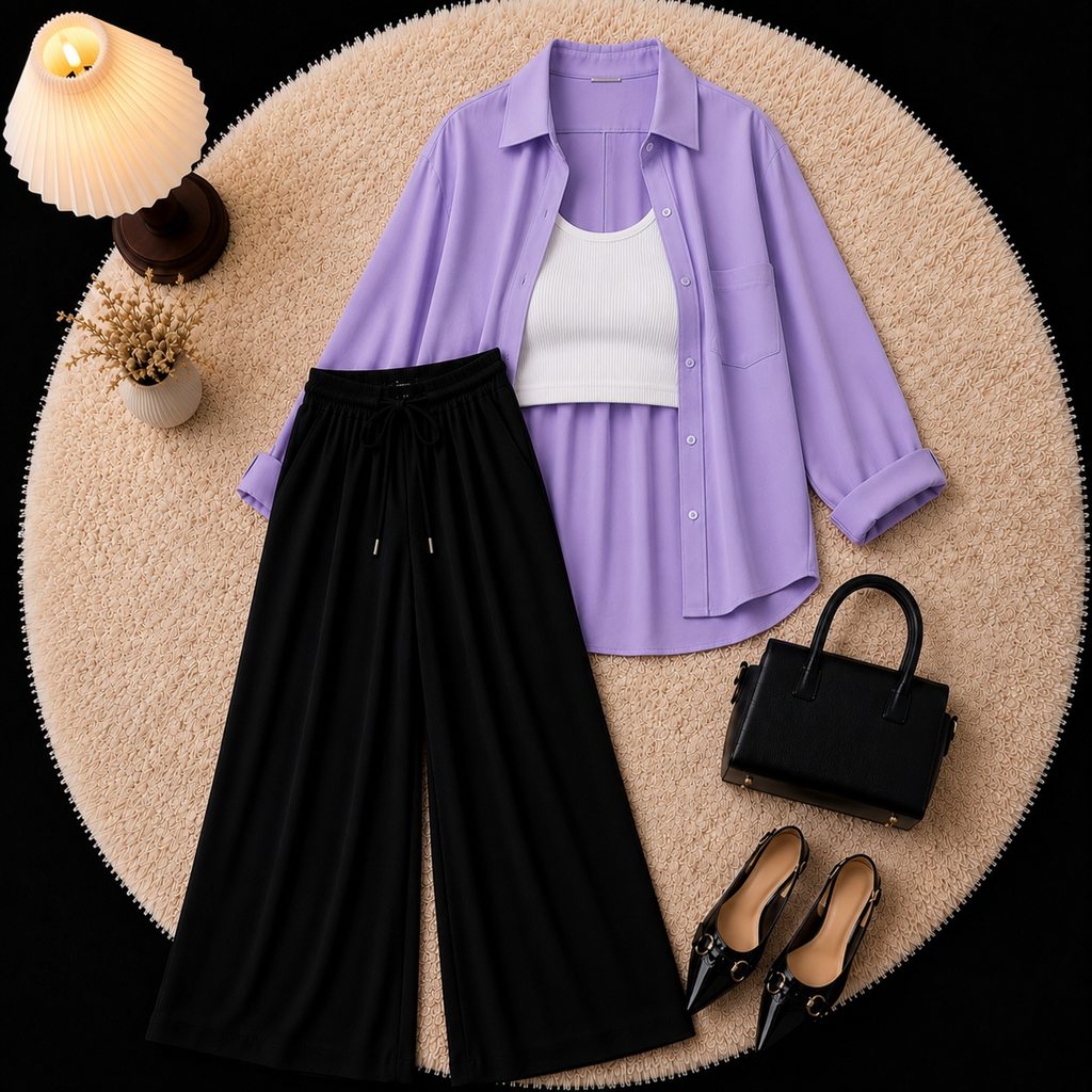Lilac Button Down Shirt With Inner & Black Flapper Trouser