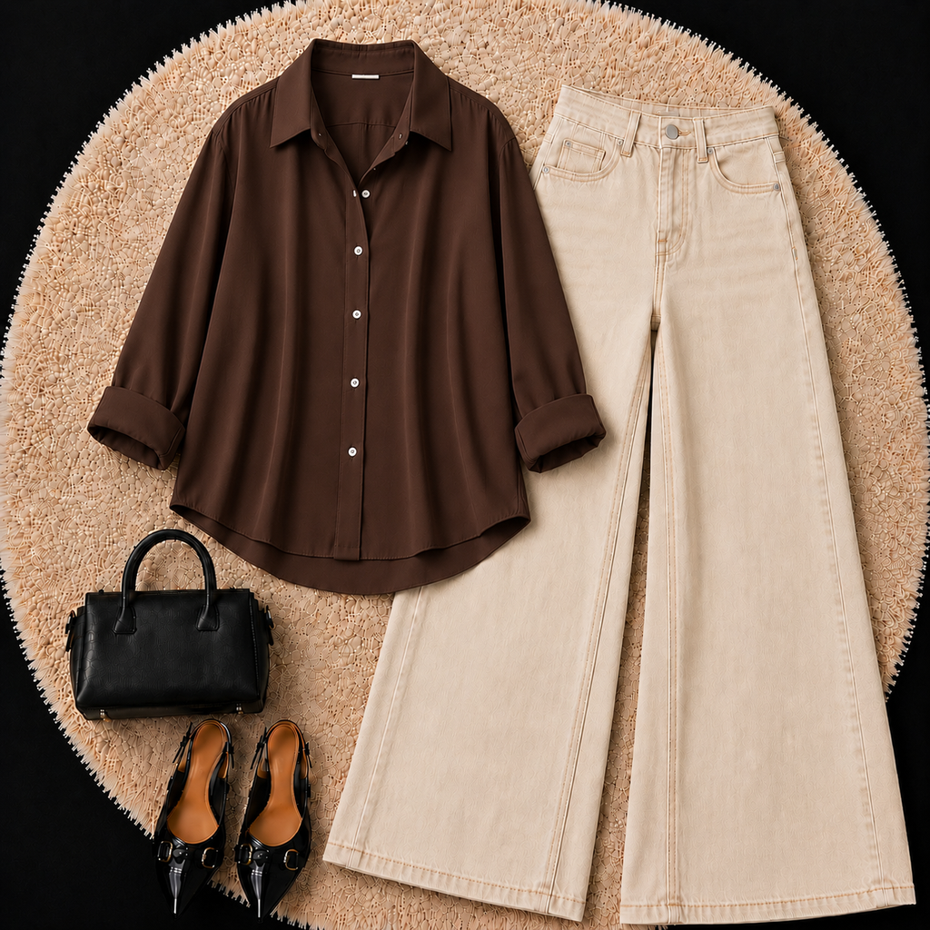Brown Button down shirt with Beige Jeans