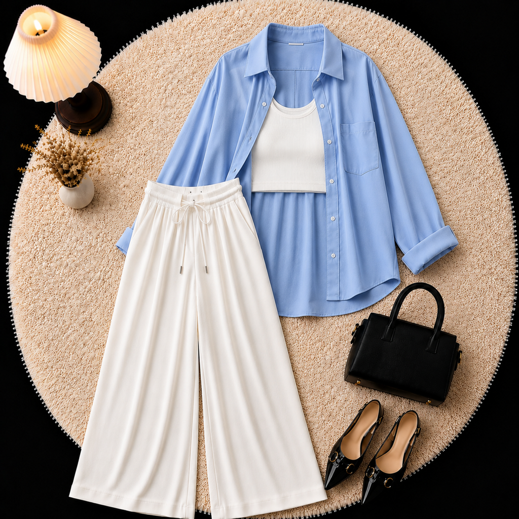 Sky Blue Down Shirt With Inner & White Flapper Trouser