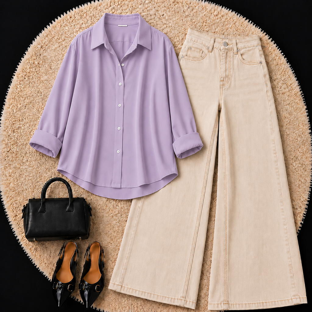 Lilac Button down shirt with Beige Jeans