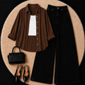 Brown Button Down Shirt With White Inner & Black Leg Jeans