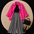 Hot Pink Button Down Shirt With Black Inner And Grey Formal Pant