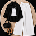 Black Button Down Shirt With White Inner & White Wide Leg Jeans