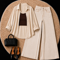 Beige Button Down Shirt With Brown Inner & Beige Wide Leg Jeans