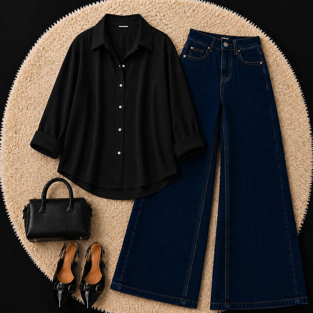 Black Button down shirt with Dark Blue Jeans