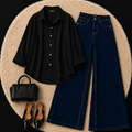 Black Button down shirt with Dark Blue Jeans