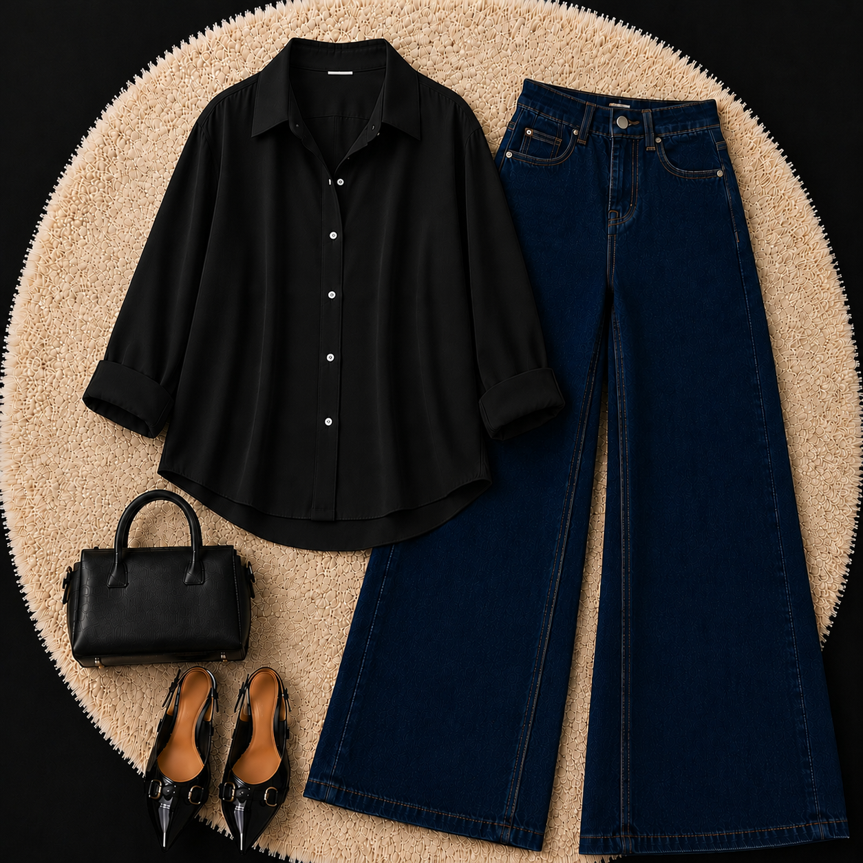 Black Button down shirt with Dark Blue Jeans