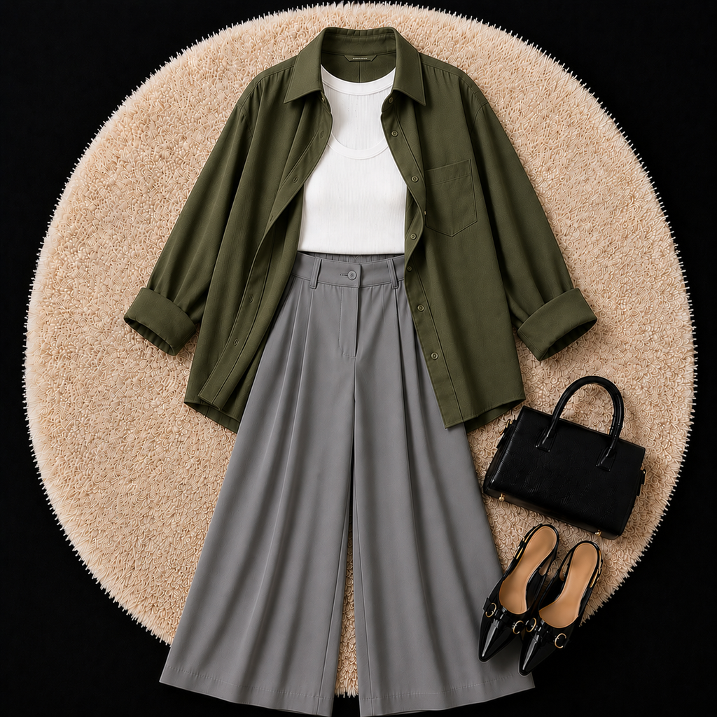 Olive Green Button Down Shirt With White Inner And Grey Formal Pant