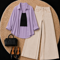 Lilac Button Down Shirt With Black Inner & Beige Wide Leg Jeans