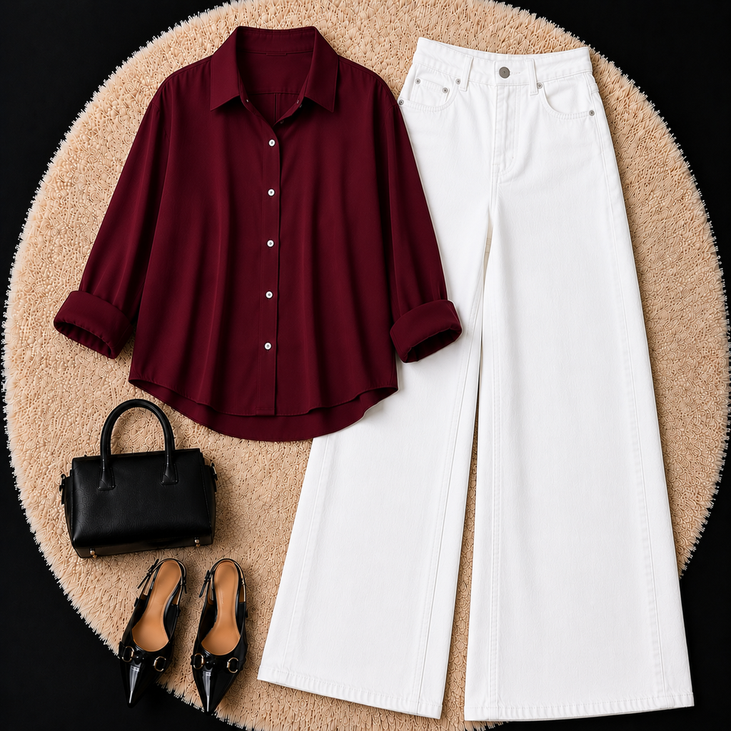 Burgundy Button down shirts with White Jeans