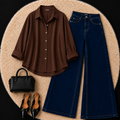 Brown Button down shirt with Dark Blue Jeans