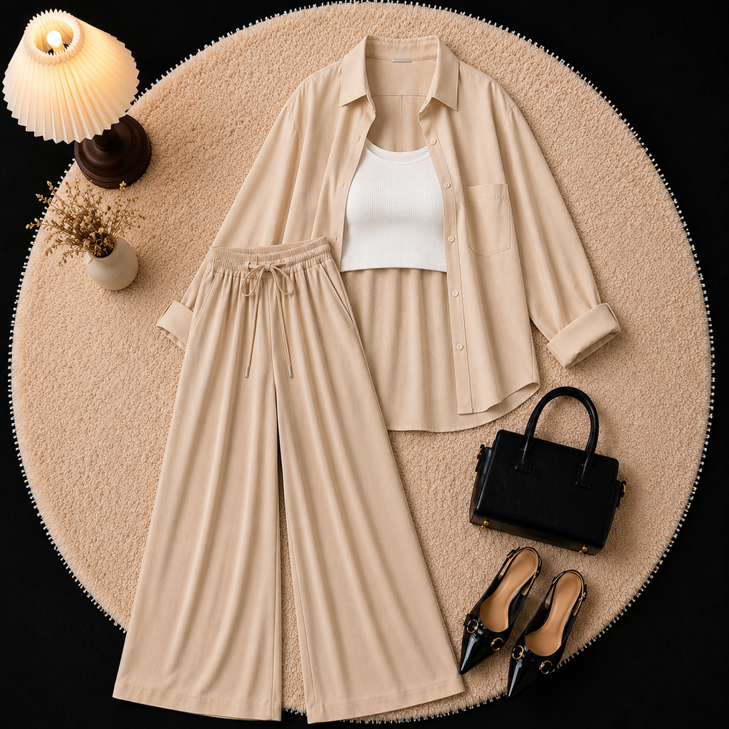 Beige Button Down Shirt With Inner & Beige Flapper Trouser