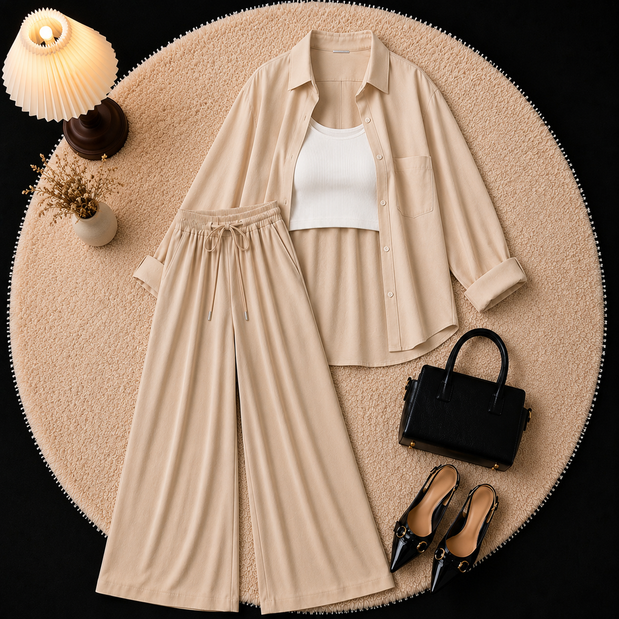 Beige Button Down Shirt With Inner & Beige Flapper Trouser