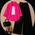 Hot Pink Button Down Shirt With White Inner & Black Leg Jeans
