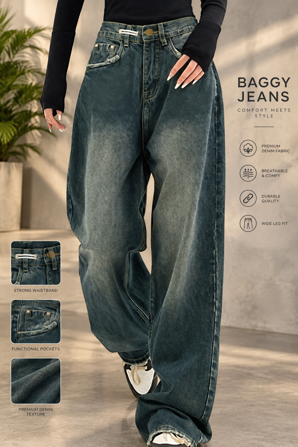 Vintage Washed Dark Blue Wide Leg Jeans
