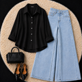 Black Button Down Shirt With Sky Blue Jeans