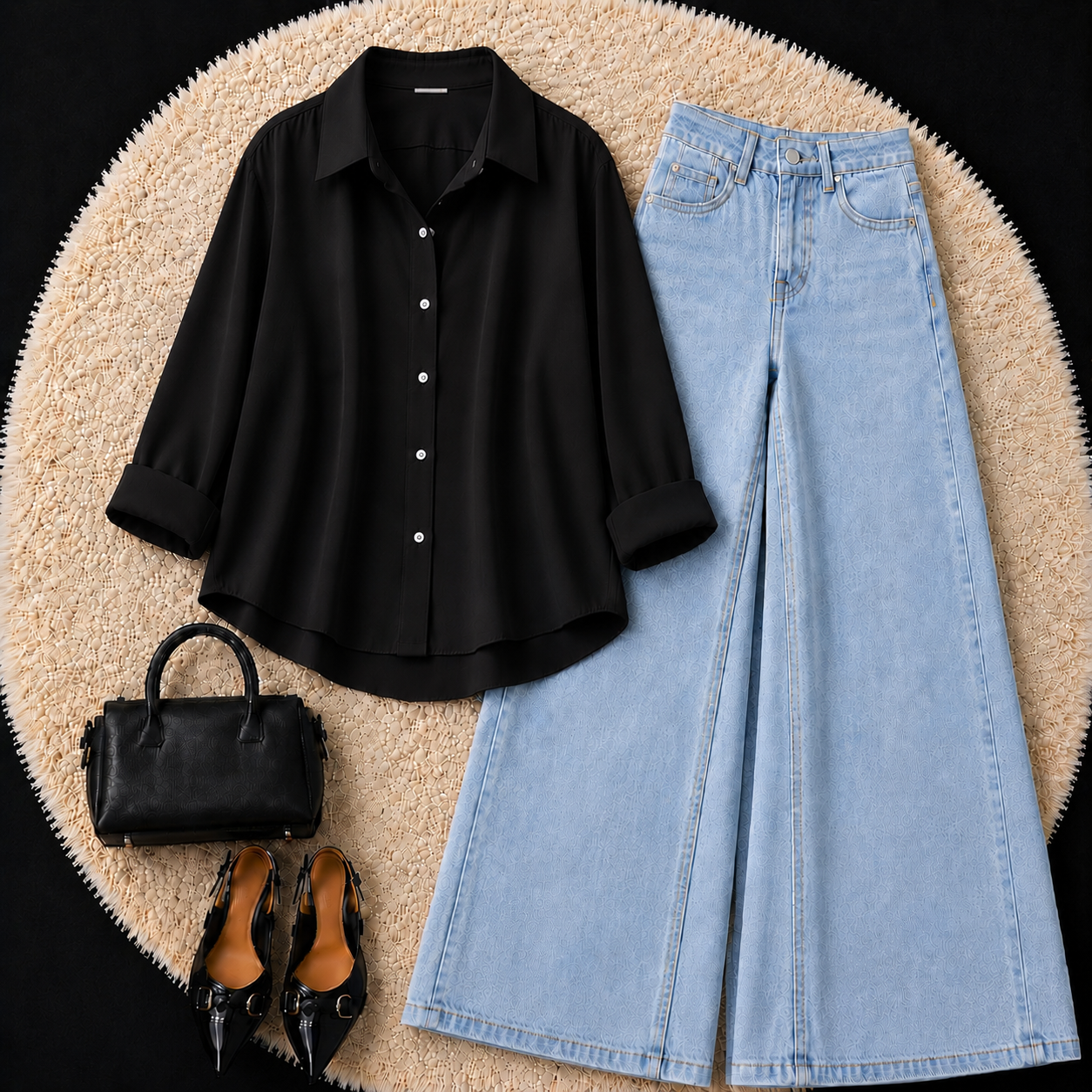 Black Button Down Shirt With Sky Blue Jeans
