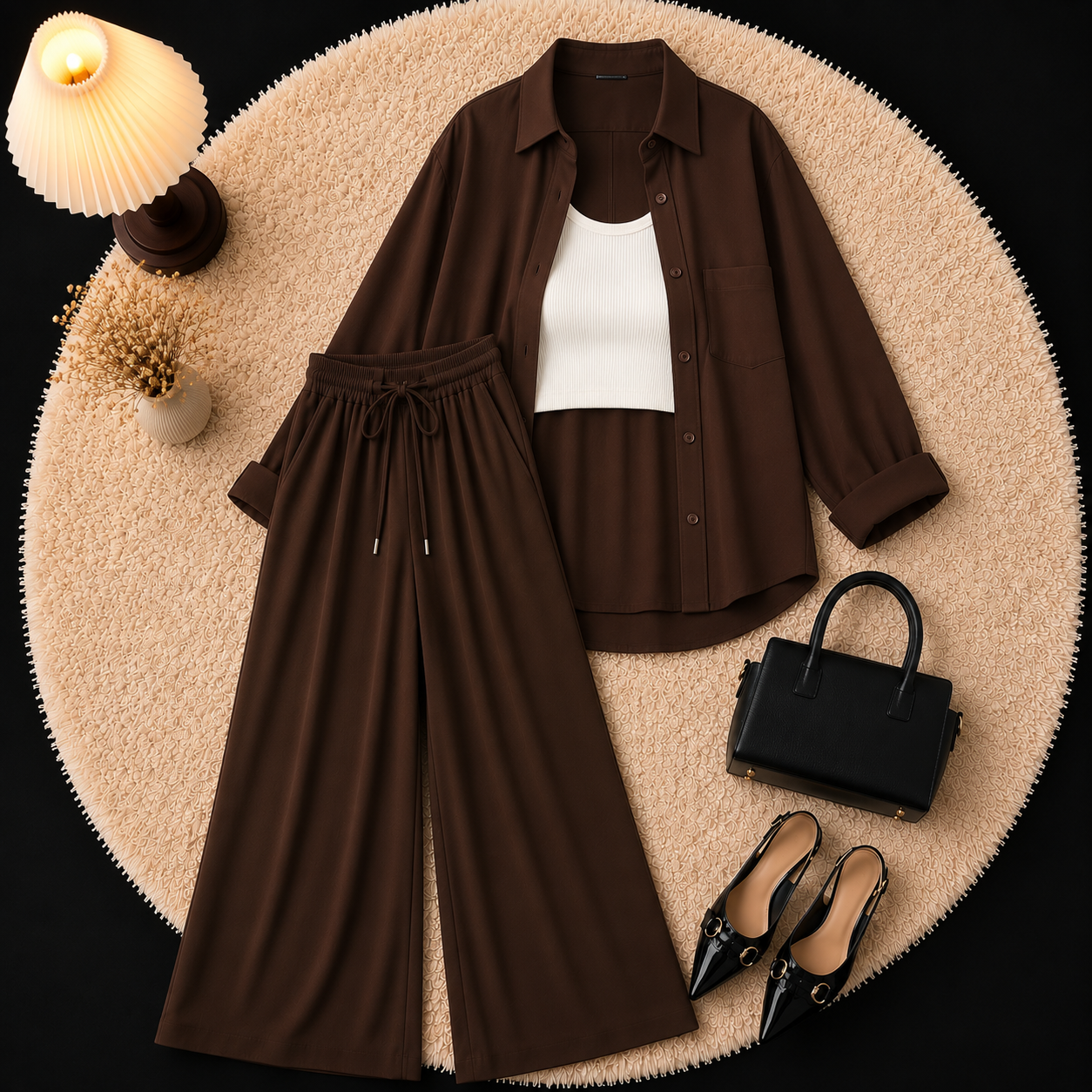 Brown Button Down Shirt With Inner & Brown Flapper Trouser