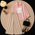 Pink Button Down Shirt With Inner & Beige Flapper Trouser