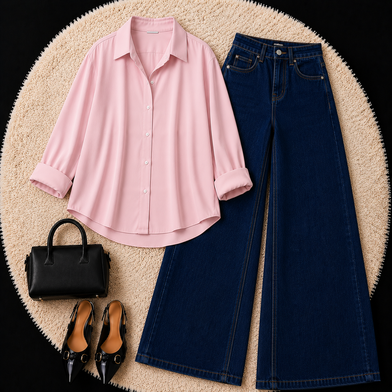 Baby Pink Button down shirt with Dark Blue Jeans