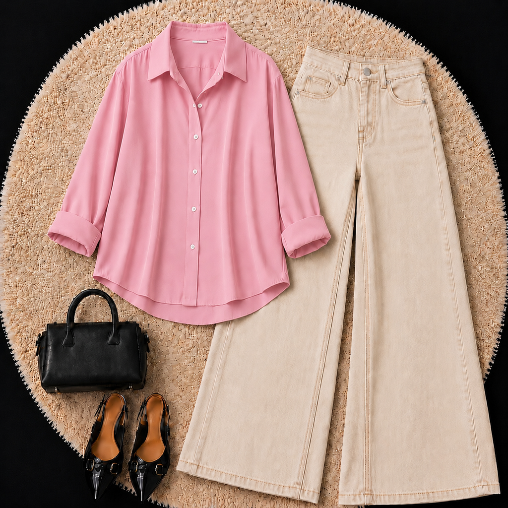 Pink Button down shirt with Beige Jeans