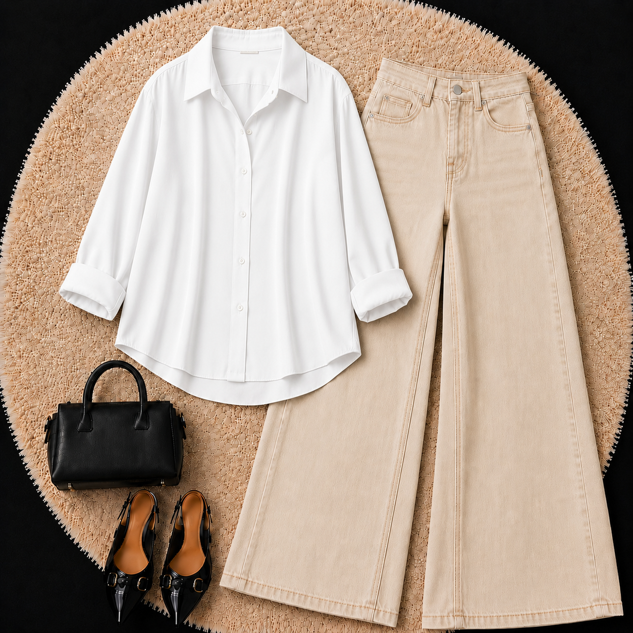 White Button down shirt with Beige Jeans