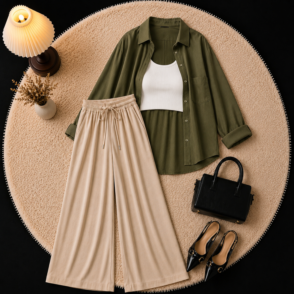 Olive Green Down Shirt With Inner & Beige Flapper Trouser
