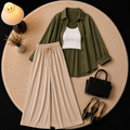 Olive Green Down Shirt With Inner & Beige Flapper Trouser