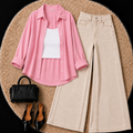 Baby Pink Button Down Shirt With White Inner & Beige Wide Leg Jeans