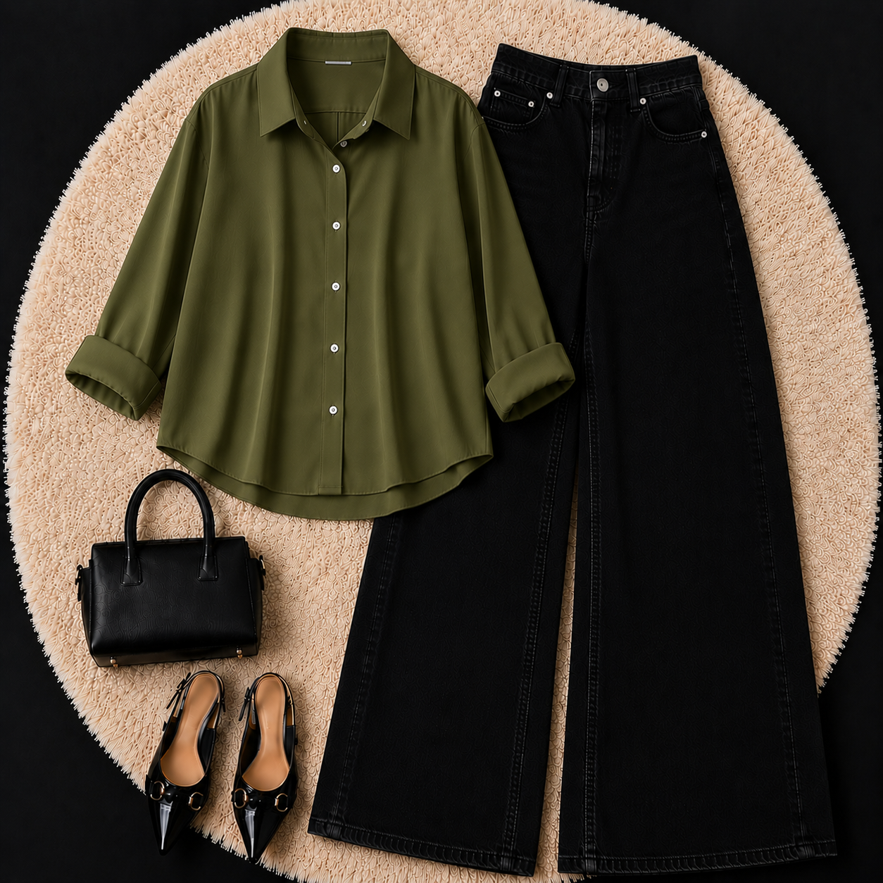 Olive Green Button down shirt with Black Jeans