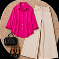 Hot Pink Button down shirt with Beige Jeans