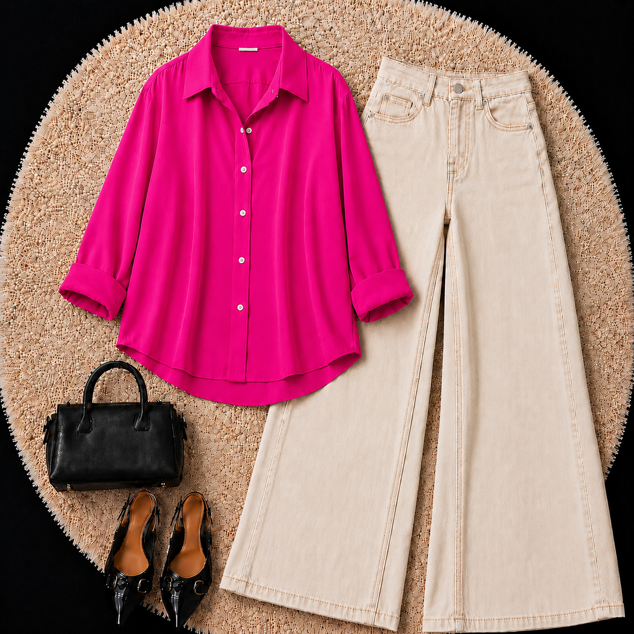 Hot Pink Button down shirt with Beige Jeans