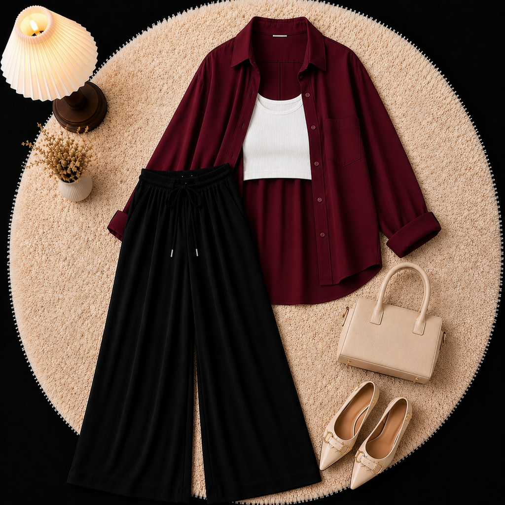 Marron Button Down Shirt With Inner & Black Flapper Trouser