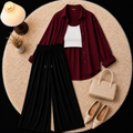 Marron Button Down Shirt With Inner & Black Flapper Trouser