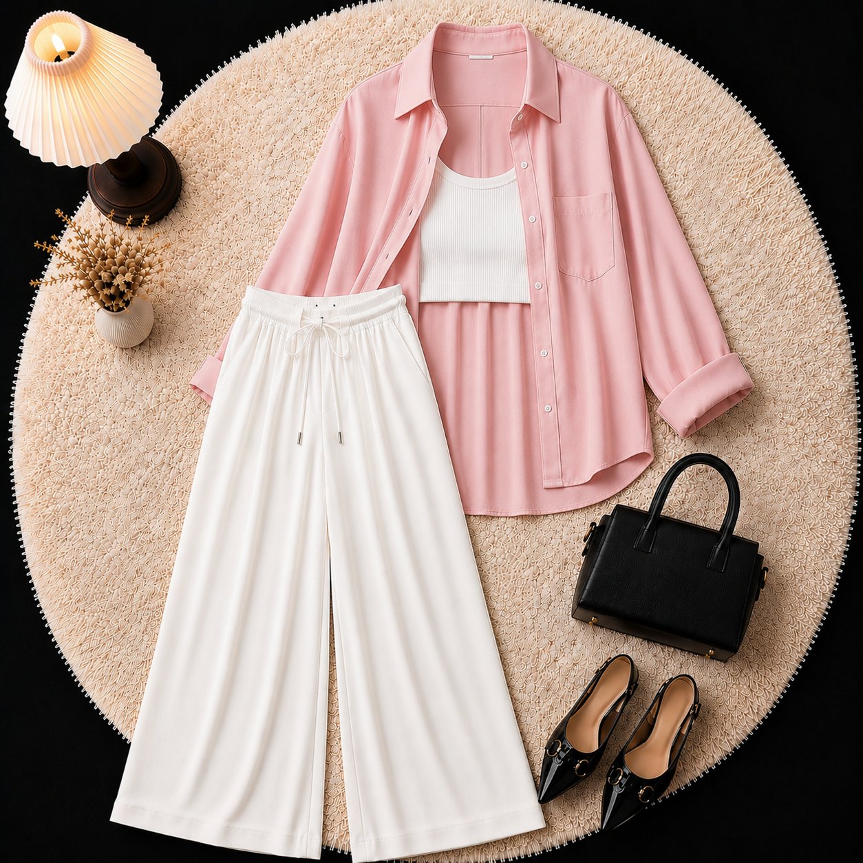 Pink Button Down Shirt With Inner & White Flapper Trouser