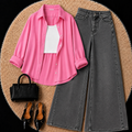 Baby Pink Button Down Shirt With White Inner & Grey Wide Leg Jeans