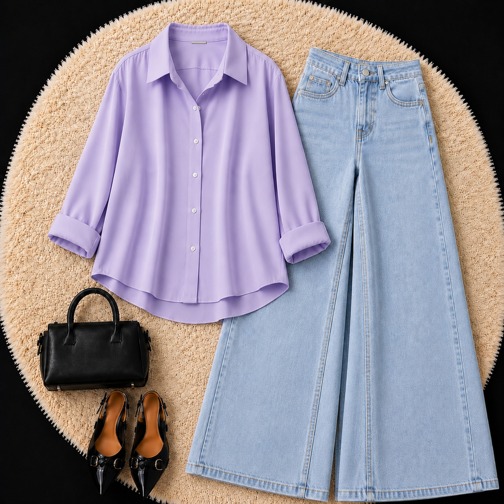 Lilac Button Down Shirt With Sky Blue Jeans