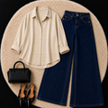 Beige Button down shirt with Dark Blue Jeans