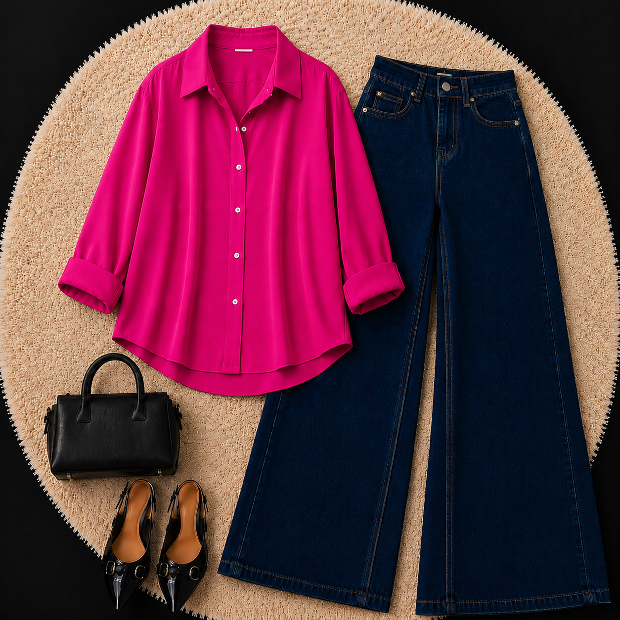 Hot Pink Button down shirt with Dark Blue Jeans
