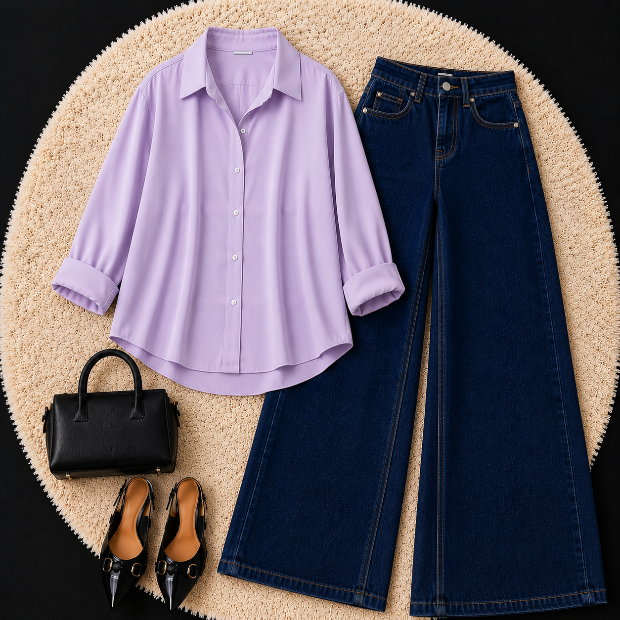 Lilac Button down shirt with Dark Blue Jeans